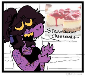 anthro arm_markings brown_hair cake cheesecake clothing dessert electronics fantasizing female food freckled_arms freckled_chest freckled_face freckled_shoulders freckles hair hair_over_eyes headphones markings open_mouth parody purple_body sharp_teeth shirt simple_background solo tank_top teeth text tied_hair topwear yellow_eyes yellow_teeth mik3hawk round_context_6370 deltarune undertale_(series) caseoh susie_(deltarune) reptile scalie artist_name low_res