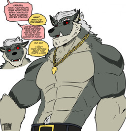 abs anthro beard belt belt_buckle biceps big_muscles black_belt blue_bottomwear blue_clothing blue_jeans blue_pants bodily_fluids bottomwear breaking_the_fourth_wall buckle clothed clothing confusion denim denim_bottomwear denim_clothing dialogue eyebrow_scar eyebrows facial_hair facial_scar fangs fur gold_(metal) gold_ear_piercing gold_ear_ring gold_jewelry gold_necklace grey_body grey_fur jeans jewelry looking_at_viewer male male_anthro mane manly muscular muscular_anthro muscular_male necklace pants pecs raised_eyebrows red_eyes scar sideburns simple_background solo speech_bubble standing surprised surprised_eyes surprised_face surprised_look sweat sweatdrop sweaty_body sweaty_face teeth text thick_arms topless topless_anthro topless_male tough_guy white_background white_body white_eyebrows white_fur white_mane juniorjosi blizzard_entertainment warcraft kragen_(juniorjosi) canid canine canis mammal werecanid werecreature wolf worgen absurd_res english_text hi_res