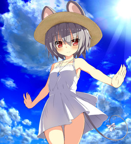 accessory alternate_costume bare_shoulders blue_sky blush bow_(feature) bow_accessory bow_ribbon clothing cloud dress female furgonomics grey_hair hair hat headgear headwear jewelry light looking_at_viewer low-angle_view mouse_tail outside pendant red_eyes ribbons short_hair sky skyscape smile solo sun_hat sundress sunlight tail tail_accessory tail_bow tail_ribbon wide_brim_hat 5240mosu touhou nazrin animal_humanoid humanoid mammal mammal_humanoid mouse mouse_humanoid murid murid_humanoid murine murine_humanoid rodent rodent_humanoid digital_media_(artwork) hi_res