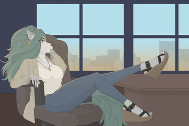 3_toes 5_fingers anthro bent_leg big_breasts black_eyebrows black_nose blue_hair blue_tail blue_wall breasts brown_clothing brown_footwear brown_high_heels chair city cityscape claws cleavage clothed clothed_anthro clothed_female clothing desk ear_piercing eyebrow_through_hair eyebrows eyelashes eyelashes_through_hair feet female female_anthro finger_claws fingers footwear fully_clothed fully_clothed_anthro fully_clothed_female fur furniture grey_body grey_fur hair high_heels inner_ear_fluff jewelry light long_hair long_tail multicolored_body multicolored_fur necklace office office_chair office_lady on_chair open_mouth open_suit piercing shirt shoes sitting sitting_on_chair solo suit table tail tan_clothing tan_suit toe_claws toes topwear translucent translucent_hair tuft two_tone_body two_tone_fur wall_(structure) wedge_(footwear) white_clothing white_inner_ear_fluff white_shirt white_topwear window yellow_claws yellow_eyes elcastorblanco lorraine_melissa_vincent canid canine canis mammal wolf 2024 colored digital_drawing_(artwork) digital_media_(artwork) english_description hi_res lighting shaded intersex_(lore)