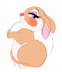 big_butt big_cheeks blue_eyes blush butt cheek_tuft eyelashes eyeshadow facial_tuft female feral fluffy fluffy_chest fluffy_tail fur long_eyelashes looking_back makeup no_shading on_two_legs pink_nose pointy_ears purple_eyeshadow simple_background smile solo tail toony tuft white_background white_body white_fur wide_hips yellow_body yellow_fur prettypinkpony bambi_(film) disney miss_bunny lagomorph leporid mammal rabbit flat_colors