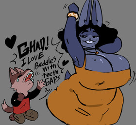 4_fingers anthro armpit_fetish barefoot big_breasts black_eyebrows black_hair black_text blue_body blue_ears blue_tail bodily_fluids bottomwear breasts brown_tail cleavage clothed clothed_anthro clothed_female clothed_male clothing curvy_figure dialogue dipstick_tail dress duo eyebrows eyes_closed feet female female_anthro fingers grey_background hair heart_symbol huge_breasts jewelry male male/female male_anthro markings mole_(marking) mole_on_breast necklace nipple_outline orange_clothing orange_dress pants raglan_shirt raised_arm shirt simple_background smile tail tail_markings tears teeth text tooth_gap topwear voluptuous voluptuous_anthro voluptuous_female wide_hipped_anthro wide_hipped_female wide_hips mooncheese canid canine lagomorph leporid mammal rabbit 2026 english_text hi_res