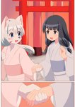 anthro asian_clothing black_hair blue_eyes clothed clothed_anthro clothed_female clothed_human clothing duo east_asian_clothing eyebrows eyelashes female female/female female_anthro fur grey_eyes hair hand_holding japanese_clothing kemono kimono long_hair looking_at_another open_mouth open_smile smile torii white_body white_fur white_hair roina asian_mythology east_asian_mythology japanese_mythology mythology canid canine fox fox_spirit human mammal hi_res