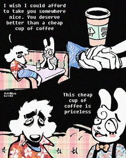 4_panel_comic aloha_shirt anthro beverage cheek_spots cigarette cigarette_in_mouth clothing coffee coffee_cup container cup dialogue duo floppy_ears half-closed_eyes male narrowed_eyes object_in_mouth open_mouth open_smile pattern_clothing pattern_shirt pattern_topwear shirt smile smoking_tobacco speech_bubble teeth text tooth_gap topwear wide_eyed rawdawgcomics bingus_(rawdawgcomics) stahli_(rawdawgcomics) bird_dog canid canine canis domestic_dog golden_retriever hunting_dog lagomorph leporid mammal rabbit retriever 4:5 comic english_text hi_res