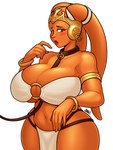 armlet bandeau big_breasts blush bottomwear bracelet breasts clothing collar collarbone eyebrows eyelashes female glistening glistening_body glistening_breasts glistening_skin huge_breasts jewelry leash leashed_collar lekku_(anatomy) loincloth navel not_furry orange_body orange_eyes orange_skin solo thick_thighs topwear wide_hips blazbaros star_wars alien alien_humanoid humanoid twi'lek 2025 hi_res