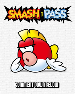 black_eyes blonde_hair eyelashes female feral hair half-closed_eyes lips looking_aside narrowed_eyes open_mouth pink_lips red_body shadow short_hair solo text text_background thick_lips white_body downrightshoddy mario_bros nintendo aquatic cheep_cheep fish 4:5 absurd_res english_text hi_res