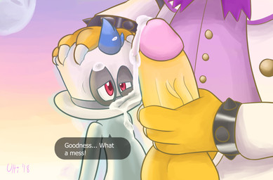 4_fingers alternate_species anthro balls big_balls big_penis bodily_fluids bottomwear claws clothing cum cum_on_chest cum_on_eyes cum_on_face cum_on_penis dialogue dominant duo faceless_character faceless_male fingers for_a_head genital_fluids genitals head_grab holding_own_penis holding_penis humanoid_genitalia humanoid_on_anthro humanoid_penis humanoidized larger_dom male male/male masturbation overweight penile penile_masturbation penis purple_clothing purple_topwear red_eyes scales size_difference solo_focus speech_bubble text topwear vein veiny_penis what white_body white_bottomwear white_clothing white_topwear yellow_balls yellow_body yellow_penis yellow_scales ultilix mario_bros nintendo super_mario_odyssey bowser cappy_(mario) bonneter ghost humanoid koopa object_head scalie spirit 2018 alternate_version_at_source english_text hi_res