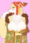 anthro asian_clothing big_breasts blush breasts cleavage clothed clothing east_asian_clothing female fluffy fluffy_tail green_eyes japanese_clothing kemono kimono looking_at_viewer pink_background simple_background smile solo tail xenon50mm muramasa:_princess_commander silicon_studio okabe_masatsuna canid canine fox mammal