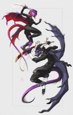 4_toes 5_fingers anthro clothed clothing dagger digitigrade duo eyewear feet female fingers glasses holding_melee_weapon holding_object holding_sword holding_weapon horn male melee_weapon membrane_(anatomy) membranous_wings simple_background smile sword tail toes weapon white_background wings melloque mythology dragon mythological_creature mythological_scalie scalie hi_res