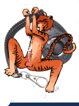balls bodily_fluids clicker cuff_(restraint) cum dipstick_tail genital_fluids genitals handcuffs humanoid_genitalia humanoid_penis hypnosis male markings metal_cuffs mind_control penis restraints solo tail tail_markings vein veiny_penis bleerghblegg felid mammal pantherine tiger 3:4 hi_res