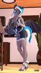 anthro blue_eyes blue_hair blue_nail_polish blue_nails blue_toenails breasts cleavage clothed clothing colored_nails feet female footwear grey_body hair high_heels lingerie looking_at_viewer multicolored_hair multicolored_tail nails shoes solo standing tail toenails toes white_hair anthroponiessfm hasbro my_little_pony diamond_azure fan_character bat_pony equid mammal 3d_(artwork) digital_media_(artwork) hi_res