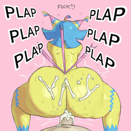 ambiguous_penetration anthro big_butt blue_body bodily_fluids butt cum cum_inside cum_on_butt duo ejaculation female first_person_view genital_fluids genitals huge_butt male male/female penetration penis pinata pink_background profanity rear_view sex simple_background sound_effects sweat text thick_thighs wide_hips yellow_body dagothurfanclub blushcrunch_studio dandy's_world yatta_(dandy's_world) animate_inanimate living_pinata toon_(dandy's_world) 1:1 english_text hi_res