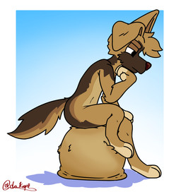 anthro balls big_balls brown_body brown_fur fluffy fluffy_hair fur genitals hair huge_balls hyper hyper_balls hyper_genitalia male nude nude_anthro sitting_on_balls solo tail thinking_pose dokapi ryan_(dokapi) canid canine canis domestic_dog german_shepherd herding_dog mammal pastoral_dog