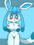 anthro anthrofied blue_background blue_body blue_eyes blue_fur blue_hair blush breasts countershading female fur genitals hair hand_on_breast holding_breast looking_at_viewer nipples nude nude_anthro nude_female pokemorph pussy simple_background solo standing xammyxx nintendo pokemon eeveelution generation_4_pokemon glaceon pokemon_(species) 2025 3:4 digital_media_(artwork) hi_res watermark