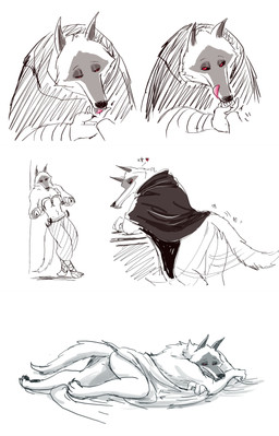 anthro duo facial_markings fluffy grin head_markings licking male markings mask_(marking) mostly_nude pointy_ears prick_ears shadow sickle smile smirk solo standing tail tail_motion tailwag teasing tongue tongue_out ultimatellurker dreamworks puss_in_boots_(franchise) anon death_(puss_in_boots) canid canine canis human mammal wolf absurd_res hi_res