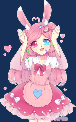 accessory bandage bow_(feature) clothing dress female hair hair_accessory hairclip heart_symbol heterochromia inner_ear_fluff open_mouth pink_hair solo tuft yumemin animal_humanoid humanoid lagomorph lagomorph_humanoid leporid_humanoid mammal mammal_humanoid rabbit_humanoid