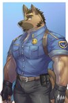 anthro belt biceps black_bottomwear black_clothing black_gloves black_handwear black_pants blue_clothing blue_shirt blue_topwear bottomwear brown_belt brown_body brown_fur bulge clothing facial_hair fingerless_gloves fur gear gloves goatee handwear male manly muscular muscular_anthro muscular_male pants police police_badge police_officer police_uniform rolled_up_sleeves shirt sideburns solo tight_clothing topwear uniform weedwolfeatmeat nameless_character canid canine canis domestic_dog german_shepherd herding_dog mammal pastoral_dog 2:3 hi_res