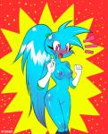 anthro blue_body blue_fur blush boots breasts clothing embarrassed female footwear fur genitals gloves hair handwear mostly_nude navel nipples open_mouth pussy shoes solo loulouvz spaicy spaicy_chicross canid canine mammal 2015