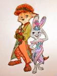 anthro barefoot clothed clothing duo feet female fully_clothed fur male orange_body orange_fur simple_background smile standing mortic_ox disney zootopia judy_hopps nick_wilde canid canine fox lagomorph leporid mammal rabbit red_fox true_fox 2018 3:4