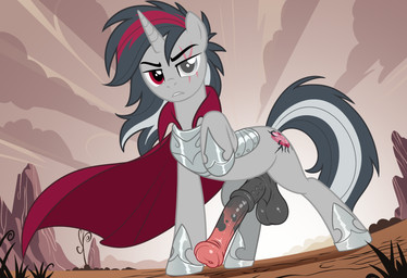 animal_genitalia animal_penis armor balls big_penis black_balls black_penis blind_eye cape clothed clothed_feral clothed_male clothing cutie_mark equine_genitalia equine_penis erection feral genitals grey_body hair hooves horn long_penis looking_at_viewer male medial_ring mottled mottled_genitalia mottled_penis multicolored_hair multicolored_penis penis pink_penis red_eyes scar solo tail two_tone_penis crimson_spark hasbro my_little_pony mythology fan_character equid equine mammal mythological_creature mythological_equine unicorn digital_media_(artwork)