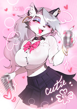 accessory alternative_fashion anthro beverage beverage_can big_breasts big_butt blush bodily_fluids bottomwear bow_(feature) bow_accessory bow_ribbon bow_tie breasts butt claws clothed clothing clothing_lift collar colored_nails cute_fangs ear_piercing fangs female fur gyaru hair holding_object huge_breasts j-fashion long_hair looking_at_viewer makeup miniskirt multiple_piercings nails navel open_clothing open_mouth open_shirt open_topwear piercing raised_clothing raised_shirt raised_topwear red_eyes red_sclera ribbons shirt shirt_lift simple_background skirt smile solo tail teeth text thick_thighs tongue topwear white_body white_fur wide_hips ikstina hellaverse helluva_boss mythology loona_(helluva_boss) canid canid_demon canine canis demon hellhound mammal mythological_canine mythological_creature absurd_res digital_media_(artwork) hi_res