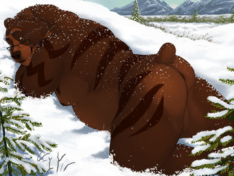 anthro balls belly butt covered_in_snow evergreen_tree eyewear eyewear_only genitals glasses glasses_only green_eyes grin looking_at_viewer looking_back lying male male_anthro manly moobs mountain mountain_range nipples nude nude_anthro nude_male on_front outside overweight overweight_anthro overweight_male pine_tree plant presenting presenting_hindquarters smile snow snowing solo striped_body stripes tree wearing_glasses chubchow bear mammal 2025 4:3 hi_res