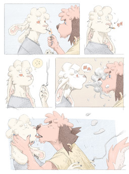 5_fingers anthro anthro_on_anthro clothed clothing countershade_fur countershade_tail countershading drugs duo eyebrows fingers floppy_ears french_kissing fur interspecies kissing male male/male marijuana smoking smoking_marijuana tail tongue tongue_out tuskito canid canine canis domestic_dog lagomorph leporid mammal rabbit absurd_res hi_res