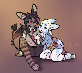 anthro biped blush bottomwear breasts butt clothed clothed_anthro clothed_female clothed_male clothing duo eye_contact feet female fingers front_view fully_clothed fully_clothed_anthro fully_clothed_female fully_clothed_male fur hair horn kneeling looking_at_another male simple_background sitting smile tail toes topwear wings dragonfu bat lagomorph leporid mammal rabbit 2026 digital_drawing_(artwork) digital_media_(artwork)