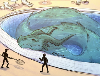 ambiguous_gender clothed clothing feral furniture group hat headgear headwear horn outside partially_submerged poolside scales silhouette size_difference sleeping swimming_pool table tired trio umbrella water ellohcee mythology dragon human mammal mythological_creature mythological_scalie scalie 2022 signature story story_in_description
