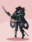 anthro breasts clothed clothing female hat headgear headwear looking_at_viewer melee_weapon pirate_outfit polearm skimpy smile solo standing thigh_gap torn_clothing unzipped voulge weapon wide_hips zipper limebreaker tsillah lagomorph leporid mammal rabbit 3:4 hi_res