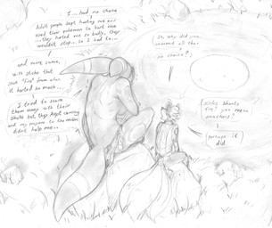 anthro bodily_fluids bottomwear breasts clothing crying dialogue duo female grass high-angle_view larger_female male mostly_nude_female motion_lines multi_tail pants plant pond rear_view sad shirt side_boob sitting size_difference tail tears topwear blackfox85 nintendo pokemon ebony_(blackfox85) gin_(blackfox85) canid canine eeveelution fox fox_spirit generation_2_pokemon mammal pokemon_(species) umbreon graphite_(artwork) monochrome traditional_media_(artwork)