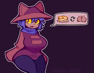 :3 aged_up anthro big_breasts breast_play breasts clothing dialogue_box female food genitals glans hair hat headgear headwear nipples offering_sex pancake penis purple_clothing purple_hair robe scarf sex solo tanned_skin thighs_together titfuck wide_hips yellow_sclera nova3050 oneshot niko_(oneshot) felid feline mammal pictographics