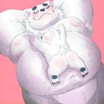 anthro armpit_hair belly big_belly black_nose blush body_hair butt duo eyes_closed eyewear glasses kemono lying male overweight overweight_male pink_background simple_background white_body young young_anthro dumdum bear mammal polar_bear ursine 1:1 2022 absurd_res hi_res