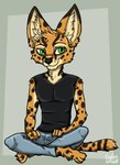 black_body black_fur brown_body brown_fur fur green_eyes male sitting solo spots tan_body tan_fur yellow_body yellow_fur ziegelzeig bad_guy_cafe simon_fossa felid feline mammal serval 2023