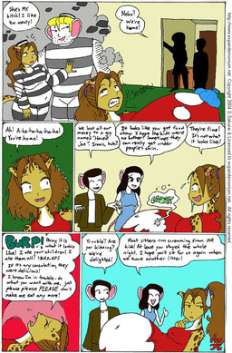 anthro belly big_belly clothing dialogue dress female fur group inside overweight red_clothing red_dress speech_bubble text vore white_body white_fur yellow_body yellow_fur s.sakurai felid leopard mammal mouse murid murine pantherine rodent 2004 comic english_text