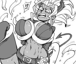 angry belt big_breasts bodily_fluids bottomwear breast_grab breasts butt clothing dark_body dark_skin dripping_wet duo erect_nipples female glowing glowing_eyes hair hand_on_breast hotpants legwear nipples not_furry ponytail shorts spade_tail suit_jacket sweat tail tentacles thigh_highs white_hair baalbuddy helltaker judgement_(helltaker) demon humanoid absurd_res hi_res monochrome