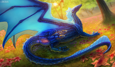 3_fingers 3_toes anus blue_body blue_eyes blue_scales claws detailed_background detailed_scales feet female feral finger_claws fingers flower forest frill_(anatomy) genitals grass horn lying membrane_(anatomy) membranous_frill membranous_wings on_side outside plant scales solo tail tail_frill tapering_tail toe_claws toes tree ventral_scales vulva white_claws wings lokrial european_mythology mythology dragon mythological_creature mythological_scalie scalie western_dragon 2025 detailed hi_res