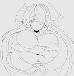 areola big_breasts breasts female heart_eyes heart_symbol holding_breast horn huge_breasts humanoid_pointy_ears hyper hyper_breasts nipples one_eye_obstructed pointy_ears simple_background smile solo zozo_draws cygames granblue_fantasy narmaya draph horned_humanoid humanoid absurd_res hi_res monochrome