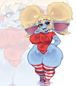 belly big_breasts big_ears blonde_hair blue_body breasts clothing female hair huge_breasts huge_hips huge_thighs humanoid_pointy_ears legwear leotard long_hair navel nipple_outline pigtails pointy_ears purple_eyes shortstack slightly_chubby smile solo thick_thighs thigh_highs wide_hips mishythesheep league_of_legends riot_games tencent poppy_(lol) humanoid yordle hi_res