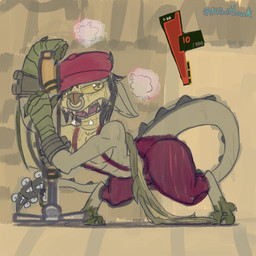 anthro bodily_fluids bottomwear clothing critical_health exhausted facial_piercing female flustered_face_emoji ive leaning_on_object long_tail no_shirt nose_piercing nose_ring pants piercing red_bottomwear red_clothing red_pants ring_piercing solo sweat sweatdrop tail wings neon_dontlook deadlock_(game) valve ivy_(deadlock) gargoyle 1:1