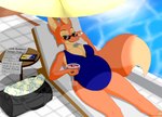 anthro belly big_belly big_breasts breasts cellphone cleavage clothed clothing electronics eyebrow_piercing eyewear facial_piercing female fur looking_at_viewer money_bag newspaper one-piece_swimsuit orange_body orange_fur phone piercing poolside pregnant pregnant_anthro pregnant_female smartphone smile solo sunglasses swimwear text jorge-the-wolfdog dreamworks the_bad_guys diane_foxington canid canine fox mammal digital_media_(artwork) english_text hi_res