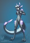 anthro bound claws encasement female glistening glistening_body glowing glowing_horn glowing_spots horn latex open_mouth simple_background solo spots stirren_(stirren) stone_floor text stirren animate_inanimate kobold living_clothing living_latex url