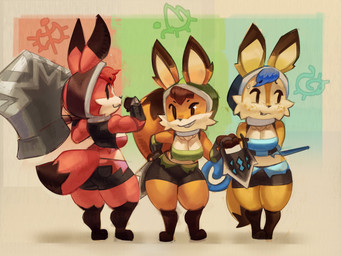 anthro axe bottomwear breasts clothing dagger female flexing flexing_bicep group head_tuft headgear headwear long_tail medium_breasts melee_weapon mischievous_smile multicolored_body muscular muscular_female orange_body red_body shorts shy smile staff tail thick_thighs trio tuft weapon wide_hips yellow_body fenceil atlyss poon_(atlyss) 2025 4:3 absurd_res hi_res