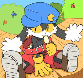 anthro belt black_body black_fur blue_baseball_cap bottomwear clothed clothing collar fur gloves green_belt handwear kemono licking_popsicle looking_at_viewer male red_bottomwear red_clothing red_collar red_shorts shorts sitting solo topless topless_male yellow_clothing yellow_eyes yellow_gloves yellow_handwear young young_anthro young_male kwkrp254 bandai_namco klonoa_(series) klonoa 2024 hi_res japanese_description