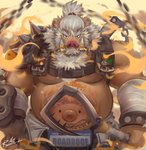 anthro belly biceps bottomwear chain clothing gloves hair handwear hook male muscular muscular_anthro muscular_male pants pecs pigtails solo tusks white_hair rabbity blizzard_entertainment overwatch roadhog_(overwatch) mammal suid suine sus_(pig) wild_boar