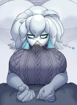 abs anthro big_breasts black_body black_fur blue_markings blue_pupils blue_sclera bodily_fluids breast_play breasts chu_(sound_effect) clothed clothed_anthro clothed_female clothed_sex clothing cum cum_in_clothing cum_in_mouth cum_inside cum_through_clothing duo ear_markings eyebrow_through_hair eyebrows eyeliner female female_anthro first_person_view fully_clothed fully_clothed_anthro fully_clothed_female fur genital_fluids grey_background hair heart_symbol horizontal_pupils looking_at_viewer makeup male male/female male_pov markings nude nude_anthro nude_male oral penile pupils sex simple_background sound_effects sweater text titfuck titfuck_fellatio titfuck_under_clothes topwear translucent translucent_hair twitter_handle wet wet_clothing white_body white_eyes white_fur white_hair ruttinren league_of_legends riot_games tencent kindred_(lol) lamb_(lol) wolf_(lol) bovid caprine mammal 2025 artist_name colored digital_drawing_(artwork) digital_media_(artwork) hi_res shaded