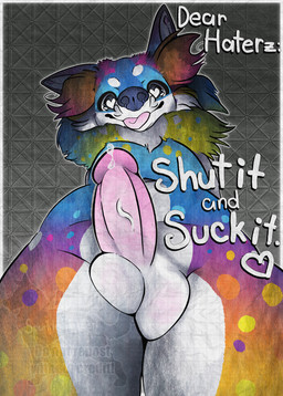 anthro femboy feminine fluffy fur genitals long_fur low-angle_view male multicolored_body multicolored_fur penis rainbow_body rainbow_fur solo sparklefur spots text thick_thighs tongue tongue_out wide_hips sparklepupfaeri cirice_(sparklepupfaeri) canid canine canis domestic_dog husky mammal mixed_breed nordic_sled_dog pomeranian pomsky siberian_husky spitz absurd_res hi_res