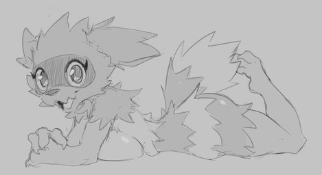 anthro anthrofied breast_squish breasts butt facial_markings female head_markings legs_up looking_at_viewer lying markings mask_(marking) nude on_front open_mouth pokemorph solo squish cooliehigh nintendo pokemon generation_3_pokemon mammal pokemon_(species) zigzagoon greyscale monochrome sketch