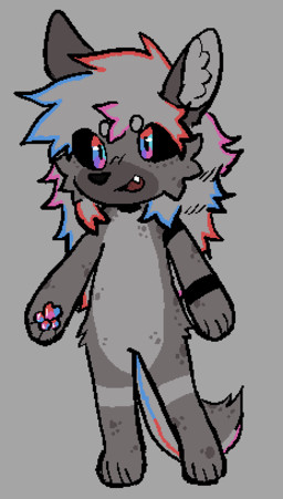 anthro black_sclera chibi cute_fangs fangs fluffy fur fur_markings grey_background hair highlights_(coloring) inner_ear_fluff long_hair male markings multicolored_eyes multicolored_highlights pawpads paws simple_background solo spots spotted_body spotted_fur spotted_markings standing tail teeth tuft vedacia hyena mammal colored digital_media_(artwork) line_art low_res