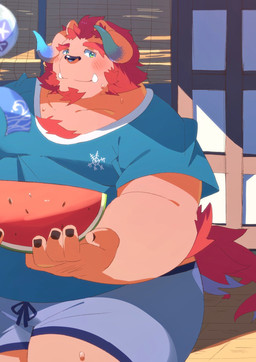 anthro belly big_belly blush bottomwear clothing detailed_background food fruit kemono male melon overweight overweight_anthro overweight_male plant shirt shorts sitting snowflake solo topwear watermelon watermelon_slice 0119_muu lifewonders tokyo_afterschool_summoners chernobog_(tas) demon mammal 2020 hi_res